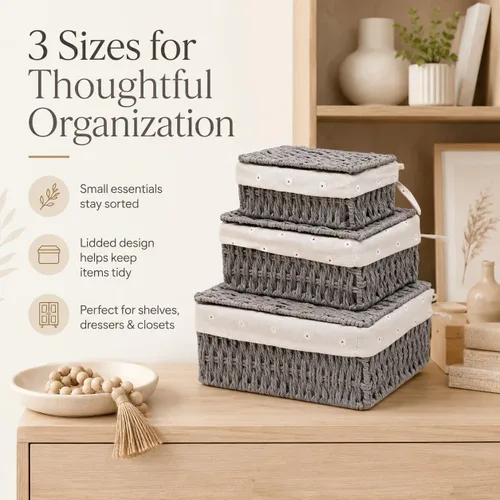 Miniatura 2 de Cestas de almacenamiento con tapas, juego de 3, cestas de mimbre tejidas anidables, cestas decorativas con tapa para estantes, dormitorio, baño, Gris