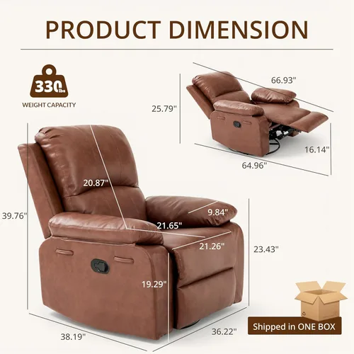 Miniatura 2 de Silla reclinable giratoria de cuero de 360° para adultos, sillón reclinable manual con cojín de resorte, sofá individual con bolsillos laterales