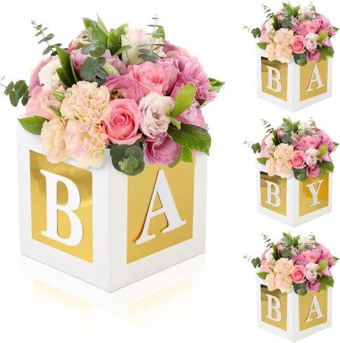 4 Piezas Cajas de Flores para Baby Shower Centros de Mesa Decoración Dorada Bloque de Bebé Soporte Floral Centro de Mesa Baby In Bloom Revelación de