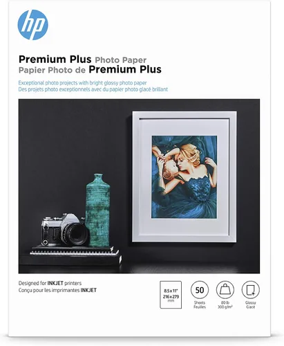HP Papel fotográfico Premium Plus, diseñado para impresoras de inyección de tinta HP brillante, 8.5 x 11 pulgadas, 50 hojas, paquete de 1, (CR664A)
