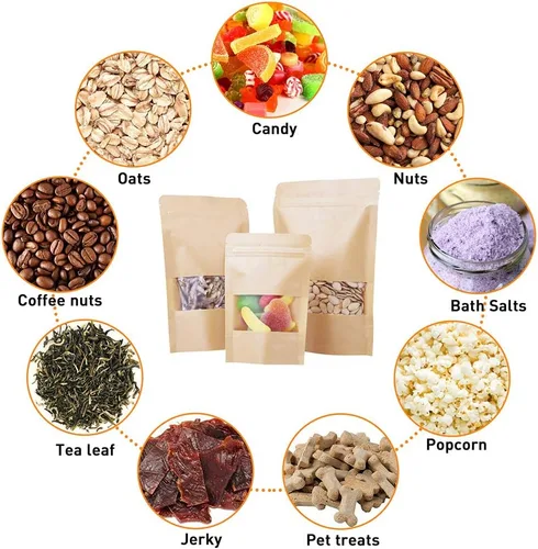 Miniatura 4 de Bolsas de papel kraft de pie 100 unidades, bolsas resellables marrones con ventana para el hogar o negocios, café, bolsas de almacenamiento