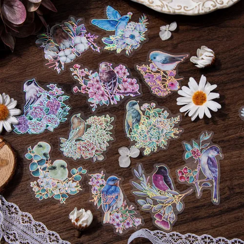 Miniatura 3 de LakoArt 120 calcomanías de pájaros y flores con borde holográfico plateado y fondo transparente, calcomanías de álbum de recortes de naturaleza
