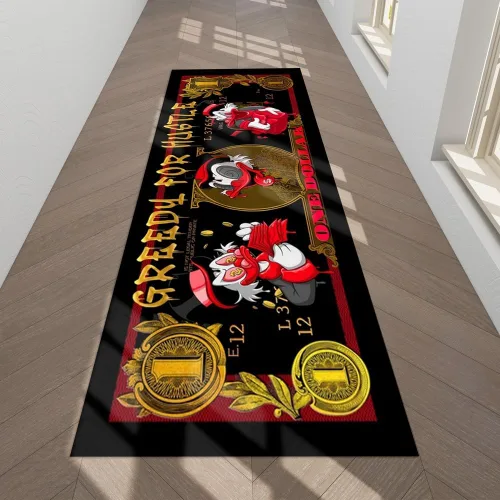 JUST BREATHE Divertida alfombra con dinero de pato rojo de dibujos animados, billete de un dólar, alfombra de corredor negra dorada para hombres y