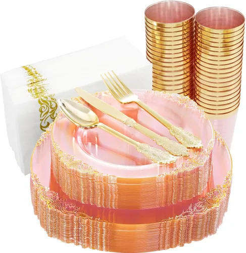 Miniatura 17 de Hioasis 175 platos de plástico verde transparente, elegante juego de vajilla desechable adecuado para 25 invitados, incluye platos de cena de 10.25