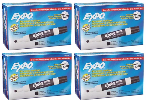 Expo 80001 Marcadores de borrado en seco con punta de cincel de bajo olor, color negro, 12 unidades por caja, paquete de 4 cajas, 48 marcadores en