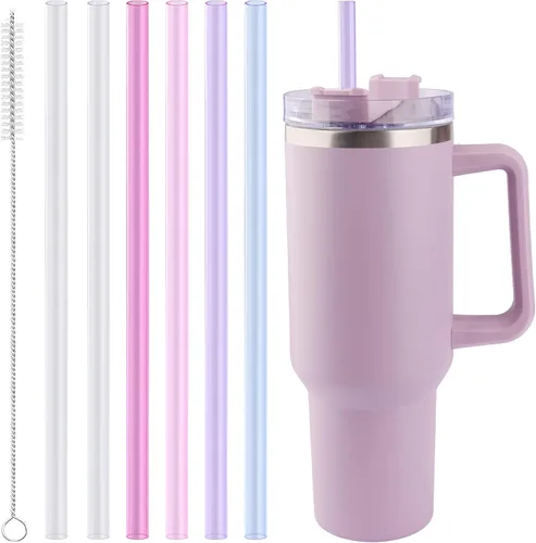Joshey Pajitas de repuesto Tritan de 12 pulgadas para vaso Stanley de 40 onzas, paquete de 6 popotes largos reutilizables con cepillo de limpieza,