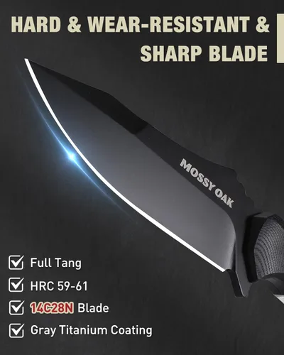 Miniatura 4 de Mossy Oak Cuchillo de hoja fija de 9 pulgadas para caza con funda, 14C28N de espiga completa, mango G10, cuchillo para exteriores de supervivencia