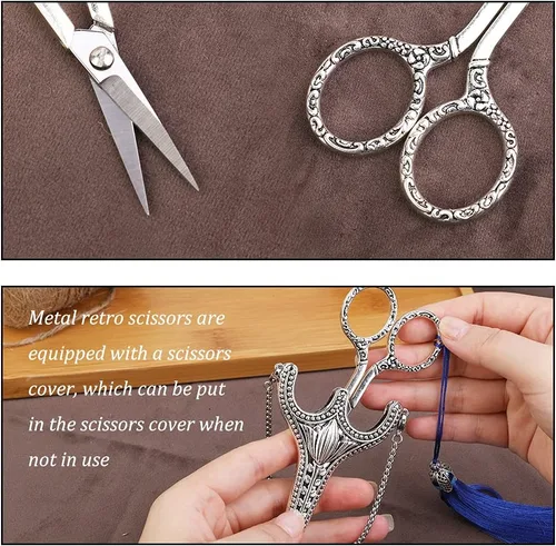 Miniatura 3 de SHWAKK Tijeras de bordado, exquisitas tijeras de acero inoxidable con punta afilada retro con cadena de vaina, tijeras de costura para costura