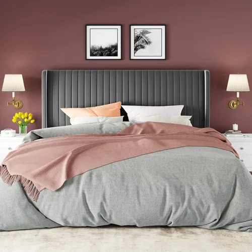 Miniatura 3 de Allewie - Base de cama tamaño King con cabecera tapizada en terciopelo y diseño acanalado vertical; base de cama tapizada en plataforma; no necesita