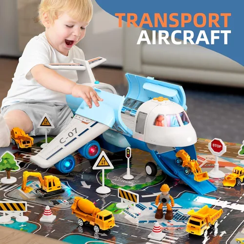 Miniatura 3 de Avión de carga de transporte, juego de juguetes de avión temáticos grandes, juego de vehículos de juguete educativo con sonido y luz de humo, avión
