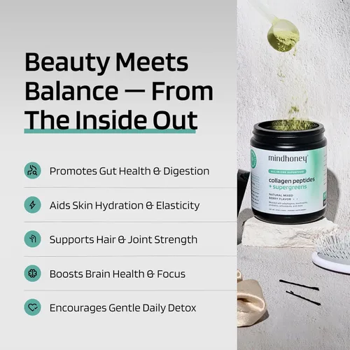 Miniatura 4 de MINDHONEY Péptidos de colágeno + súper verdes Polvo de superalimento todo en uno de primera calidad Salud intestinal, desintoxicación, cabello