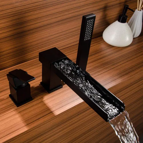 Miniatura 5 de Grifo de bañera romano negro con ducha de mano, grifo de bañera de montaje en cubierta con rociador, juego de grifo de bañera en cascada