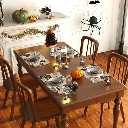 Miniatura 4 de Manteles individuales retro de Halloween, diseño de calavera gótica, Día de los Muertos, decoración y suministros de Halloween para la mesa