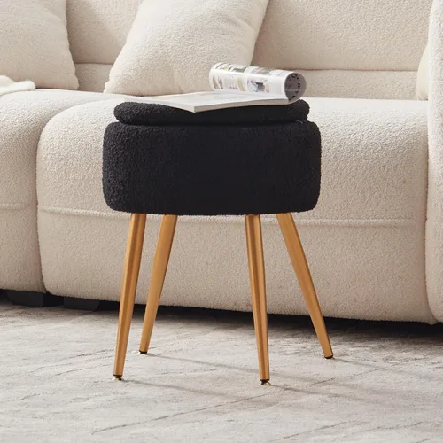 Miniatura 5 de Taburete silla de tocador pequeño con almacenamiento y respaldo plegable, 4 patas de metal con pies antideslizantes, otomana redonda con asiento