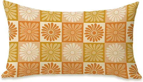Fahrendom Funda de almohada rectangular decorativa lumbar con diseño de margaritas de 12 x 20 pulgadas, color amarillo y naranja a cuadros florales