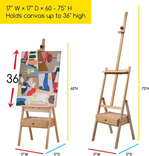 Miniatura 2 de MEEDEN Caballete de pintura con cajón de almacenamiento, caballete de estudio con marco en H, ajustable (60 a 75 pulgadas), soporte de caballete