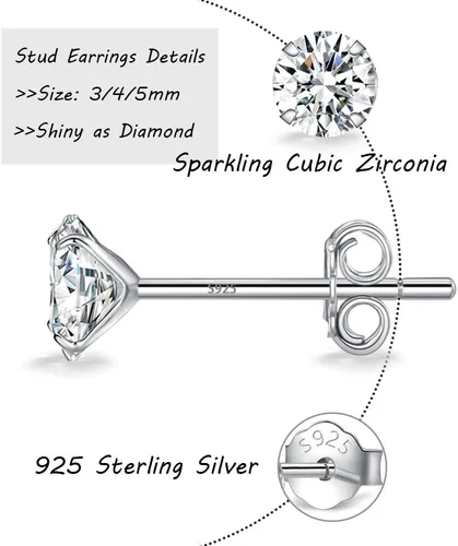 Miniatura 2 de MASOP VOGU 3-5mm Sterling Silver Stud Earrings Set 14K White Gold Plated Hypoallergenic Tiny Round Cut CZ Cubic Zirconia Simulated Diamond Cartilage