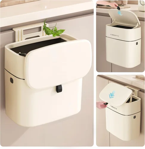 Cubo de basura de compost de 2.5 galones para cocina, encimera, pequeño bote de basura colgante con tapa, papelera de compostaje color blanco hueso