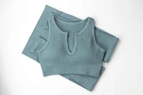 Miniatura 7 de QINSEN Conjuntos de entrenamiento para mujer, 2 piezas, acanalados, sin costuras, sin mangas, cintura alta, leggings de yoga