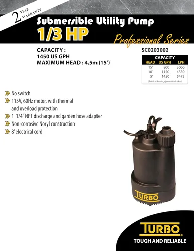Miniatura 4 de Turbo Bomba sumergible de utilidad 1/3HP sin interruptor
