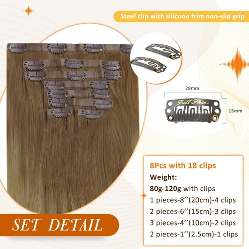 Miniatura 2 de Full Shine Extensiones de cabello humano con clip de 12 pulgadas, extensiones de cabello con clip de castaño claro a rubio, extensiones de cabello