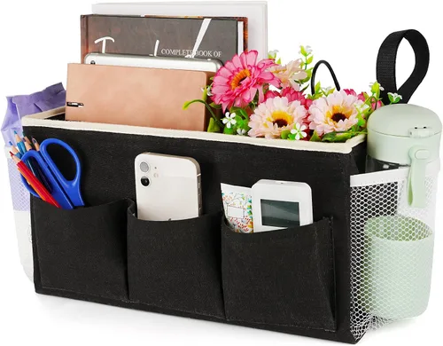Miniatura 10 de Lilithye Organizador de almacenamiento de cabecera con correas fijas y soporte para botella de agua para el hogar, universidad, dormitorio, Gris