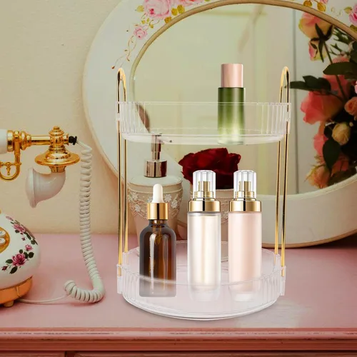 Miniatura 4 de Hemobllo Organizador de maquillaje giratorio con rotación transparente caja de almacenamiento de cosméticos estantes ajustables para tocador y baño