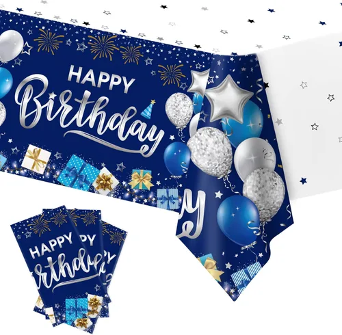 Miniatura 12 de DUAIAI Decoraciones de feliz cumpleaños, 3 manteles de cumpleaños azul marino y dorado para niños, niñas, hombres y mujeres, funda de mesa