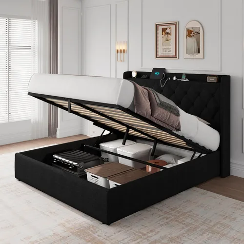 Miniatura 10 de iPormis Base de cama de almacenamiento elevable de tamaño completo con estación de carga, base de cama de plataforma tapizada con cabecera capitoné