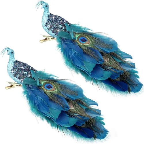 Giegxin 2 piezas de adornos de árbol de Navidad de pavo real con cola larga de plumas de pavo real decoraciones de Navidad con brillo clip para