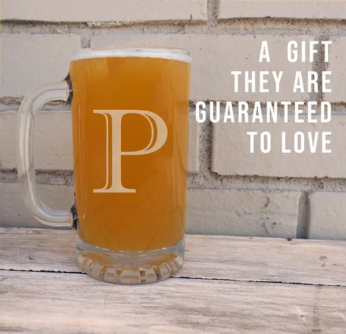 Miniatura 2 de Taza de cerveza de vidrio con monograma grabado de 16 onzas (letra P), regalos de cerveza personalizados de la A-Z para hombres, Día del Padre