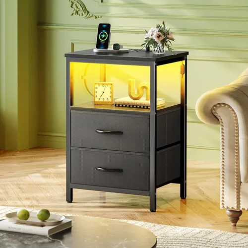 Miniatura 2 de Huuger - Mesita de noche con estación de carga y luces LED, mesita de noche con 2 cajones, mesa auxiliar de cama con estante abierto, mesa auxiliar