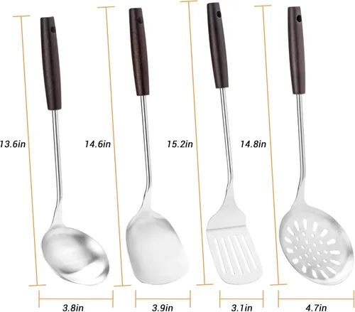 Miniatura 5 de FJNATINH Utensilios de cocina - Espátula, cucharón, cuchara espumadora, espátula ranurada - Juego de 4 utensilios de wok de acero inoxidable