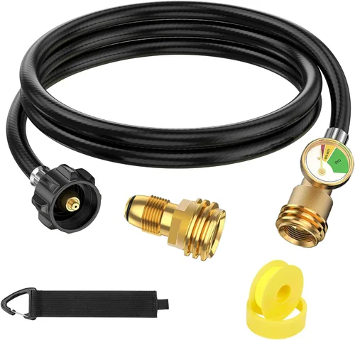 Manguera de extensión de tanque de propano de 5 pies con calibre y adaptador de tanque de propano POL a QCC1, para parrilla de gas, calentador,