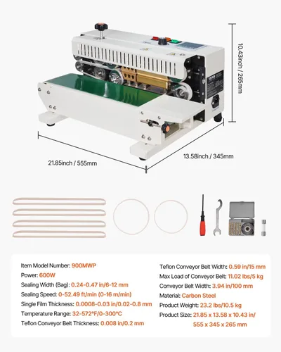 Miniatura 7 de Máquina selladora de banda continua para bolsas VEVOR, ancho de sello de 0.24-0.47 pulg/6-12 mm, máquina selladora de banda horizontal con control