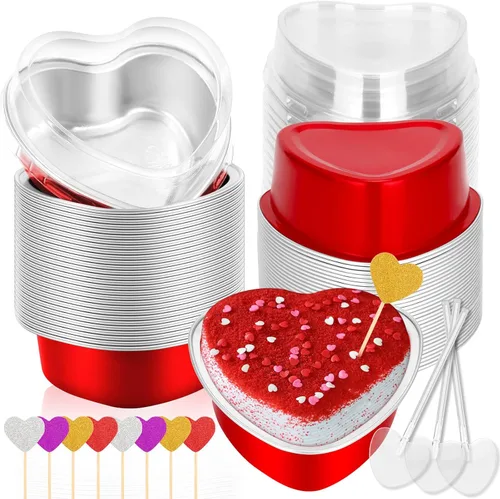 Miniatura 9 de Moldes grandes en forma de corazón para hornear, 20 juegos de recipientes desechables de papel de aluminio de 9 onzas con tapas, molde