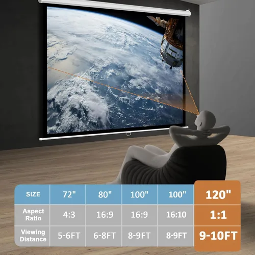 Miniatura 2 de SUPER DEAL Pantalla de proyector de 120 pulgadas, pantalla de proyección retráctil, pantalla HD desplegable manual, formato 1:1 para cine en casa