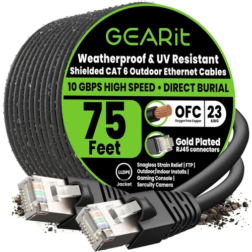 GEARit Cable Ethernet Cat6 para exteriores (75 pies), 23AWG cobre puro, FTP, LLDPE, impermeable, enterramiento directo, subterráneo, resistente a