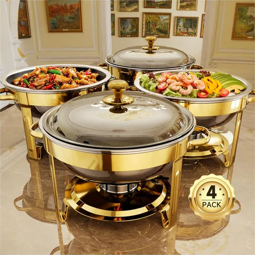 Platos de roce para buffet, paquete de 4 platos redondos de acero inoxidable de 5 cuartos de galón para fiestas en casa, reuniones de Navidad,