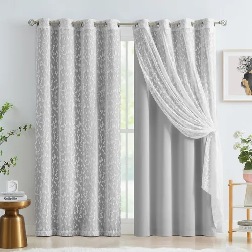 Miniatura 16 de Jubilantex Cortinas opacas completas + paneles de ventana transparentes con hojas, juego de tratamiento de ventana de doble capa estilo mezcla