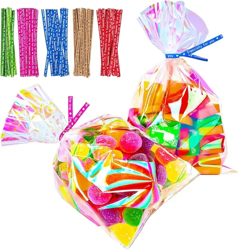 Miniatura 18 de Bolsas de celofán iridiscentes de 5 x 7 pulgadas con lazos giratorios, bolsas de golosinas para galletas, chocolates y palomitas de maíz