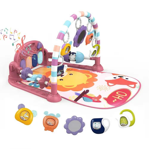 dearlomum Gimnasio Tapete de Juego para Bebé, Divertido Piano de Juego Tapete de Actividad Tiempo Boca Abajo con 5 Juguetes Sensoriales para Bebés,