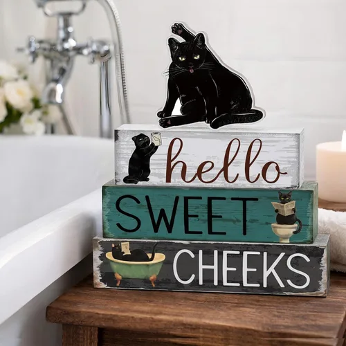 Miniatura 6 de Cinnvoice 4 piezas de decoración de baño de gato negro, decoración de baño de granja Hello Sweet Cheeks, centro de mesa, regalo para Navidad, San