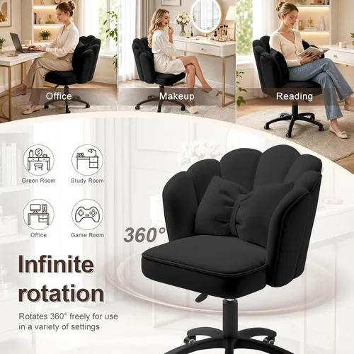 Miniatura 6 de Silla de tocador con ruedas, silla de escritorio de terciopelo con pétalos, silla de oficina en casa tapizada y copetada para mujeres y niñas, silla