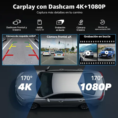 Miniatura 5 de Volam Pantalla Carplay de 9.26 pulgadas para automóvil con cámara de tablero 4K, compatible con Apple Carplay y Android Auto, Carplay con cámara
