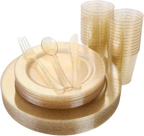 I00000 150 PIEZAS Platos Desechables Dorados Cubiertos, Juego de Vajilla con Purpurina Dorada Incluye 25 Platos de Cena 10.25'', 25 Platos de Postre