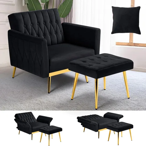 Miniatura 20 de Silla de terciopelo Accent con apoyabrazos y respaldo ajustables, sillón de ocio con botones acolchados, sillón reclinable individual con otomano