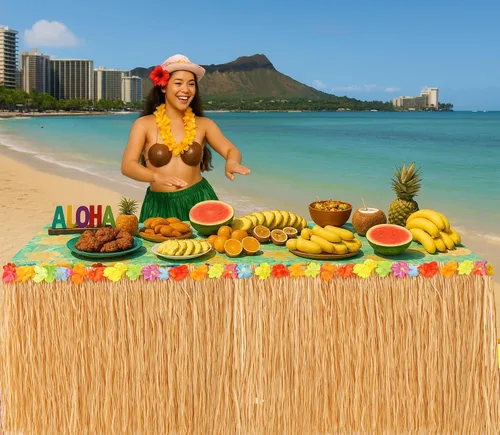 Miniatura 7 de GiftExpress Falda de mesa de hierba Luau de 9 pies x 29.5 pulgadas, falda de fiesta temática hawaiana con decoración de flores de hibisco, telón