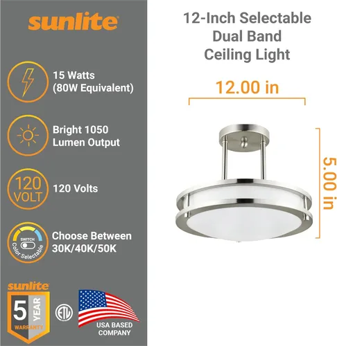 Miniatura 2 de Sunlite 87783 Lámpara colgante LED de doble banda de 12 pulgadas, montaje empotrado, 15 vatios, 1050 lúmenes, color seleccionable 30K/40K/50K