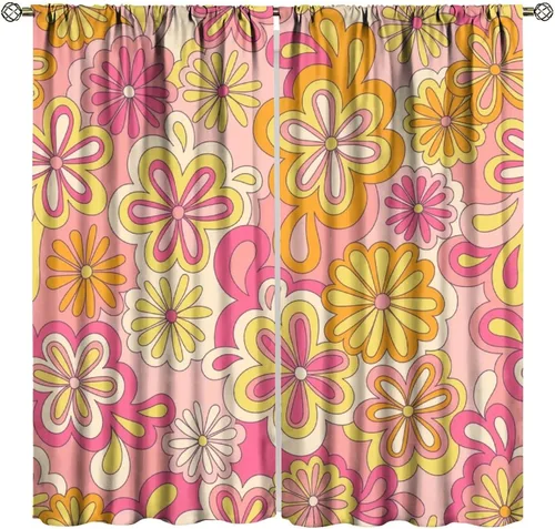 Miniatura 17 de Cortinas estilo retro de los años 60, estilo hippie floral, blanco y naranja, estilo bohemio y moderno, para cocina, dormitorio, decoración